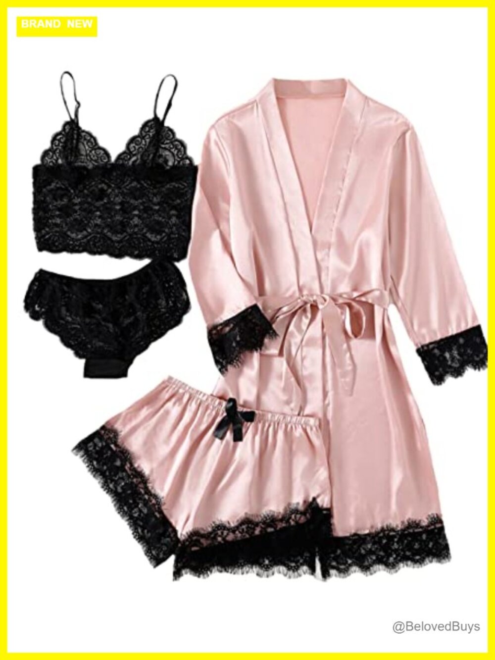 Silk Satin 4-Piece Pajama Set Lace Lingerie Robe & Sleep Shorts
